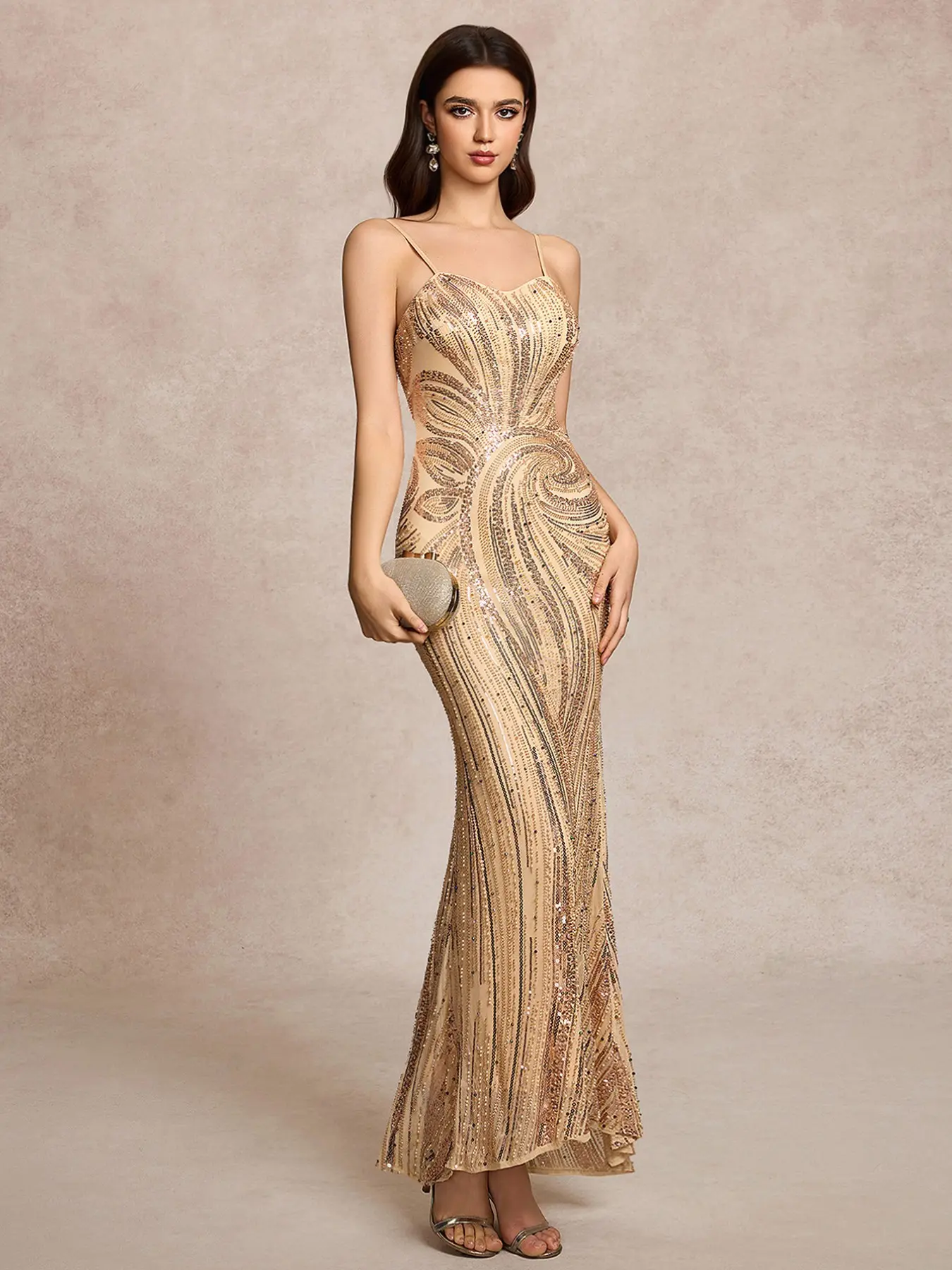 Women's Elegant Sleeveless Long Dress, Spaghetti Strap, Rhinestone Embroidery Fish Tail Evening Gown, Plain Surface Mesh Fabric, All Seasons Wear