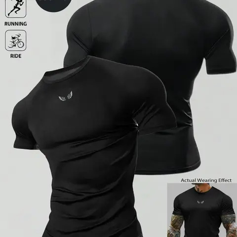 Men's Minimalist Wing Print Fitness T-Shirt, Slim Fit Quick-Dry Moisture-Wicking, Breathable Training Top for Gym, Running, Cycling, Workout Tops