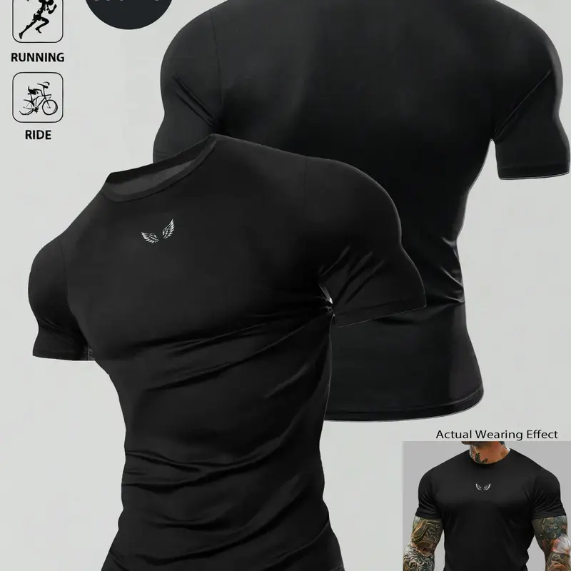 Men's Minimalist Wing Print Fitness T-Shirt, Slim Fit Quick-Dry Moisture-Wicking, Breathable Training Top for Gym, Running, Cycling, Workout Tops