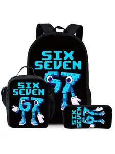 Cartoon Character Number 67 Printed Backpack Three Piece Set Including (Single-Layer Backpack + Shoulder Strap Lunch Bag + Single-Layer Pencil Bag) School Backpack Geometric Pattern Backpack