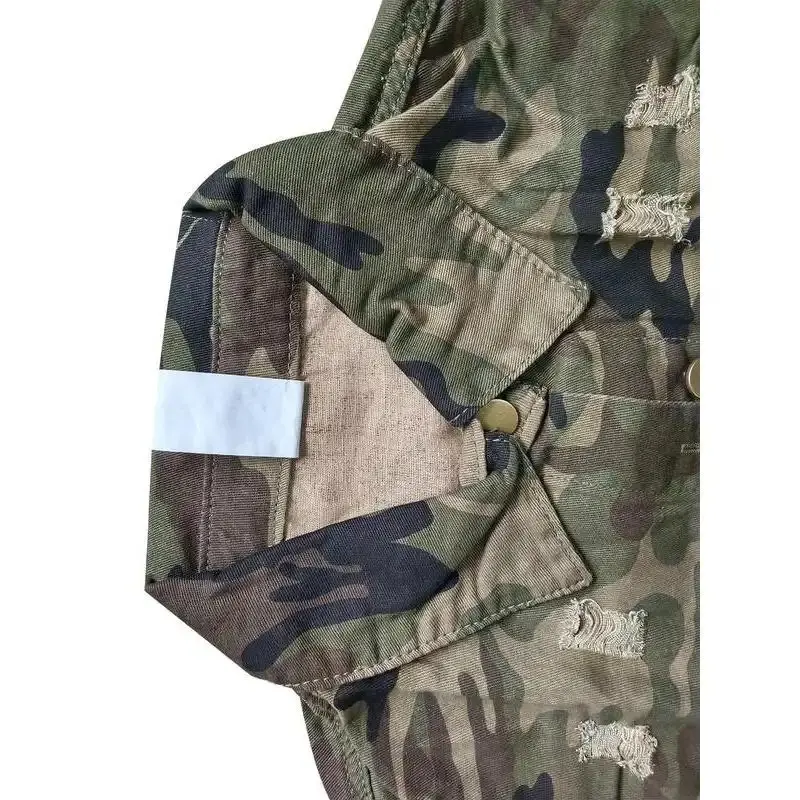Women's Camouflage Print Blouse - Casual Fitted Long Sleeve Collared Button Front Top with Ripped Details, All Seasons, Machine Washable, Patch Pocket Shirt