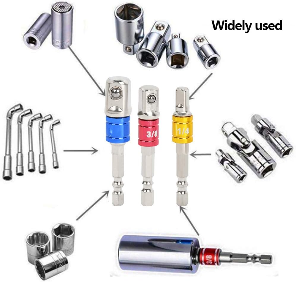 8Pcs 1/4" 3/8" 1/2" Cr-V Hex Shank Impact Grade Socket Adapter Extension Set & 105° Right Angle Drill Bit Adapter Attachment 1/4" Drive 6mm Hex Magnetic Bit Socket Screwdriver Holder Adaptor