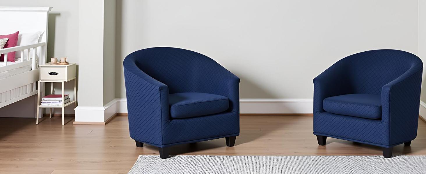 NILUOH Barrel Chair Cover 2 Piece, Stretch Jacquard Club Chair Slipcover, Elastic Armchair Cover for Curved & Round Chairs,Soft Washable Furniture Protector, Navy