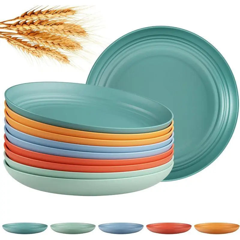 10-Pack Reusable Plastic Dinner Plates, 8-Inch Wheat Straw Plates, Microwave and Dishwasher Safe, Lightweight for Kitchen and Outdoor Dining