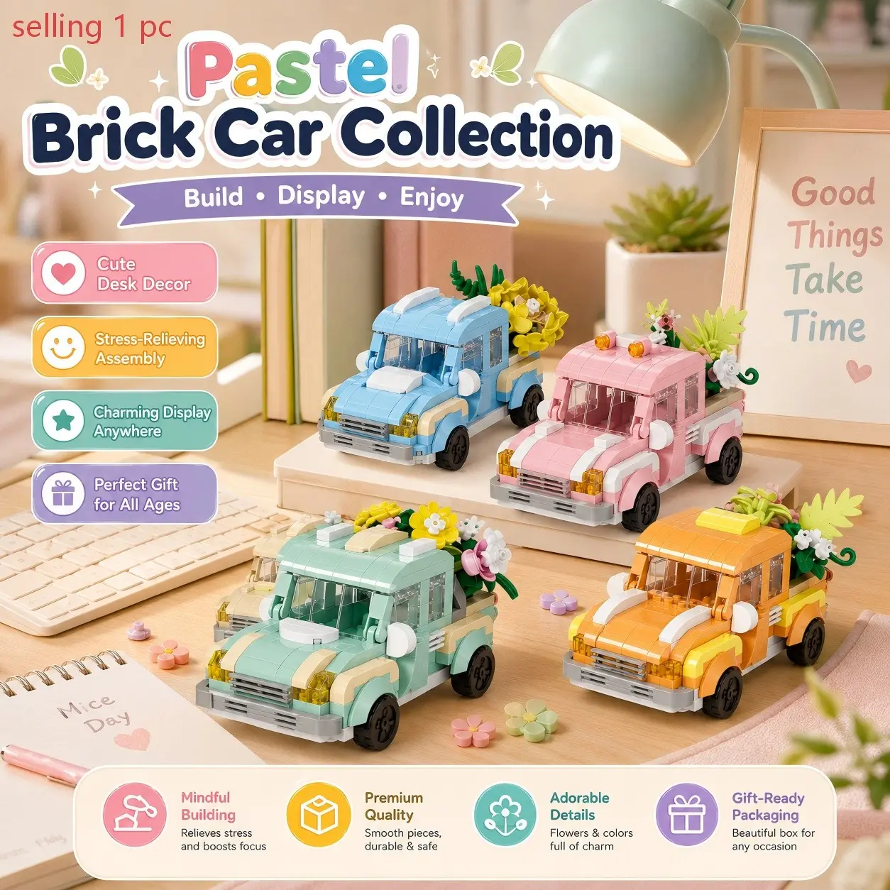 1Pcs Mini Brick Car Building Block Set, Retro Pastel Vehicle Style, Flower Decoration Detail, 253pcs Small Bricks, Easy Assembly, Collectible Display, Cute Desk Decor Gift For Girls, Friends, Students, Office, Dorm Room, Birthday, Holiday Gift