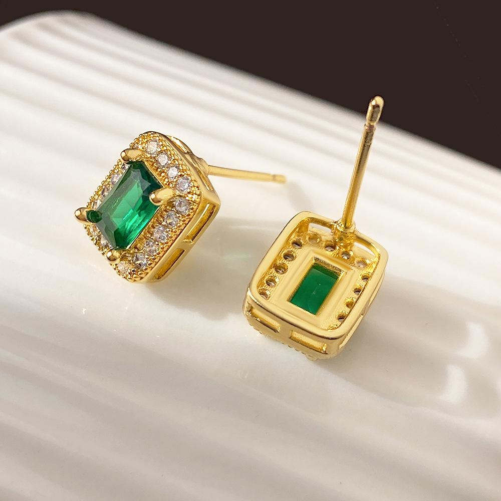 Luxury Golden Green Crystal Stud Earrings for Women, Sparkly Rectangle CZ Halo Earrings, Elegant Gem Look Jewelry, Chic Everyday Party Gift Accessory