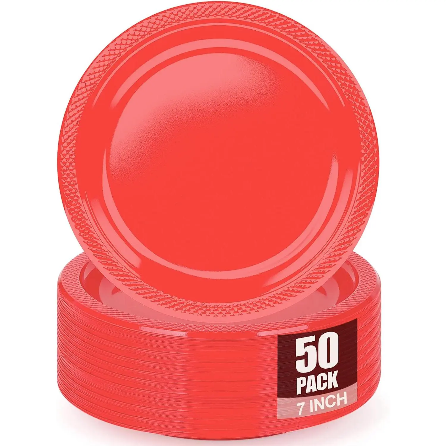 Red Plastic Plates for Party - 50 Guest 7" Dessert Plates - Disposable Plastic Tableware for Birthday,BBQ,Christmas