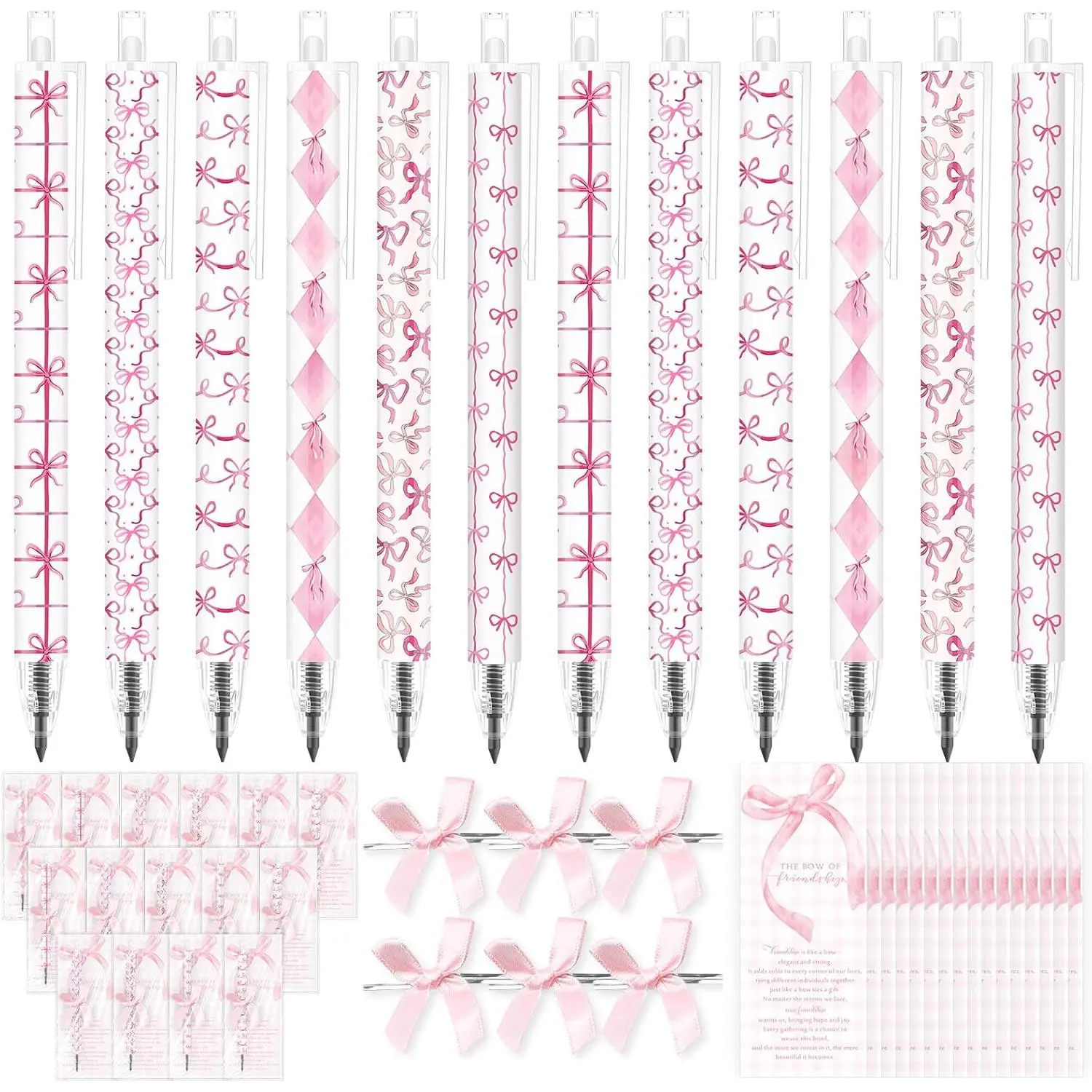 30 Set Preppy   Bow Mechanical Pencil Bow of Friendship Bookmark Card 6 Styles Eternal Pencil Kawaii  to School Supplies for BFF Daughter Student Classmate
