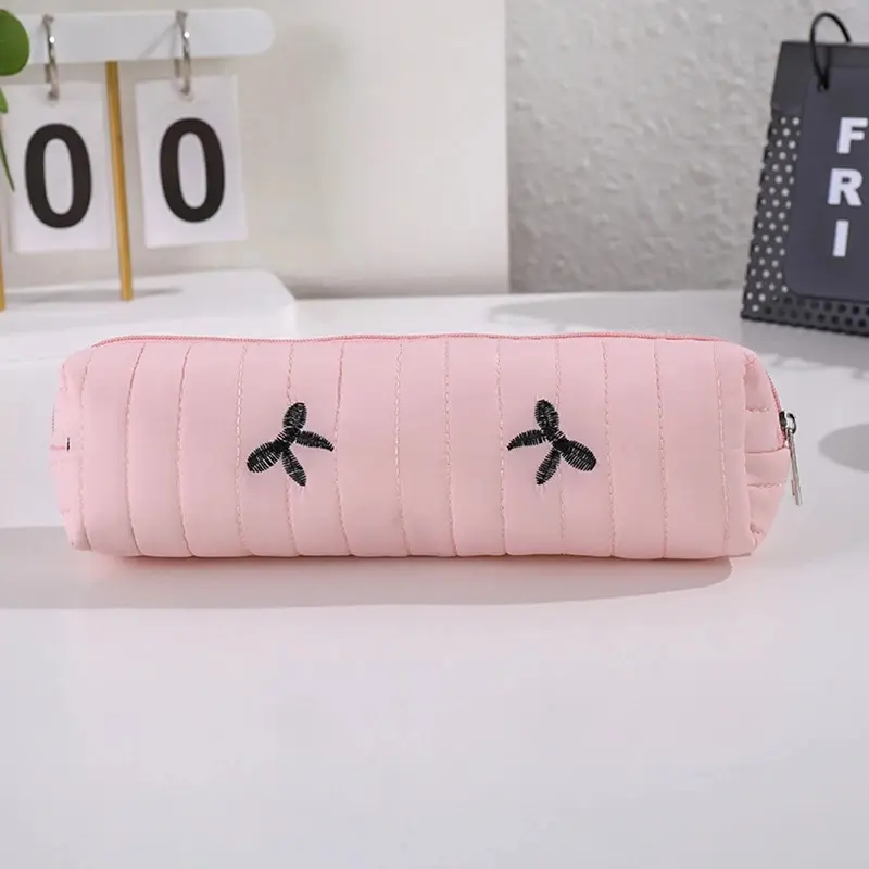 Cute Bow Embroidery Pencil Case, Quilted Zipper Pen Pouch, Portable Stationery Organizer For Students School Office And Daily Use