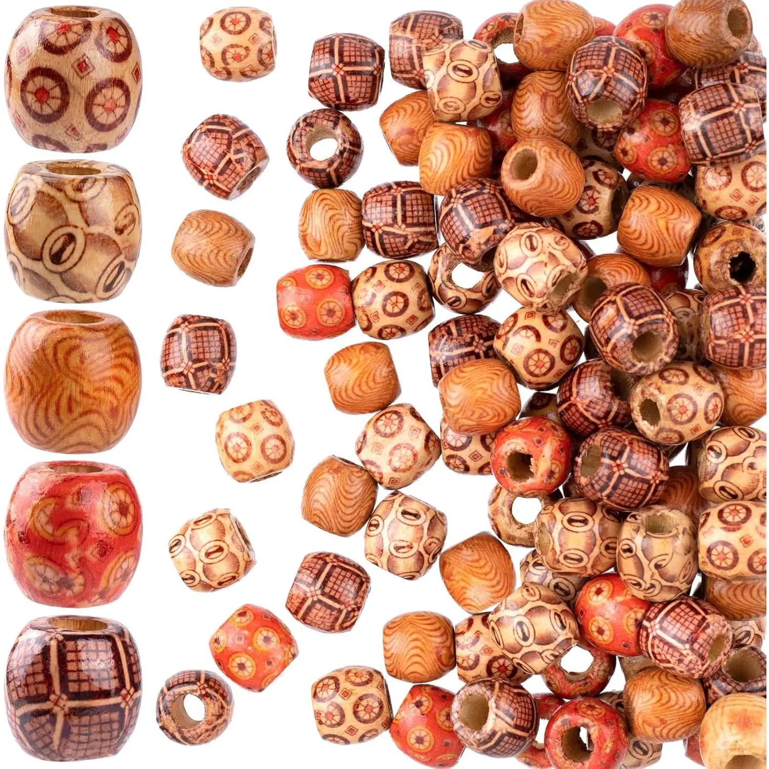 50 count Printed Wooden Beads for Crafts, B Style, Brown | , , Round, Large Hole, for Macrame Necklace Bracelet Hair DIY Craft  Decor