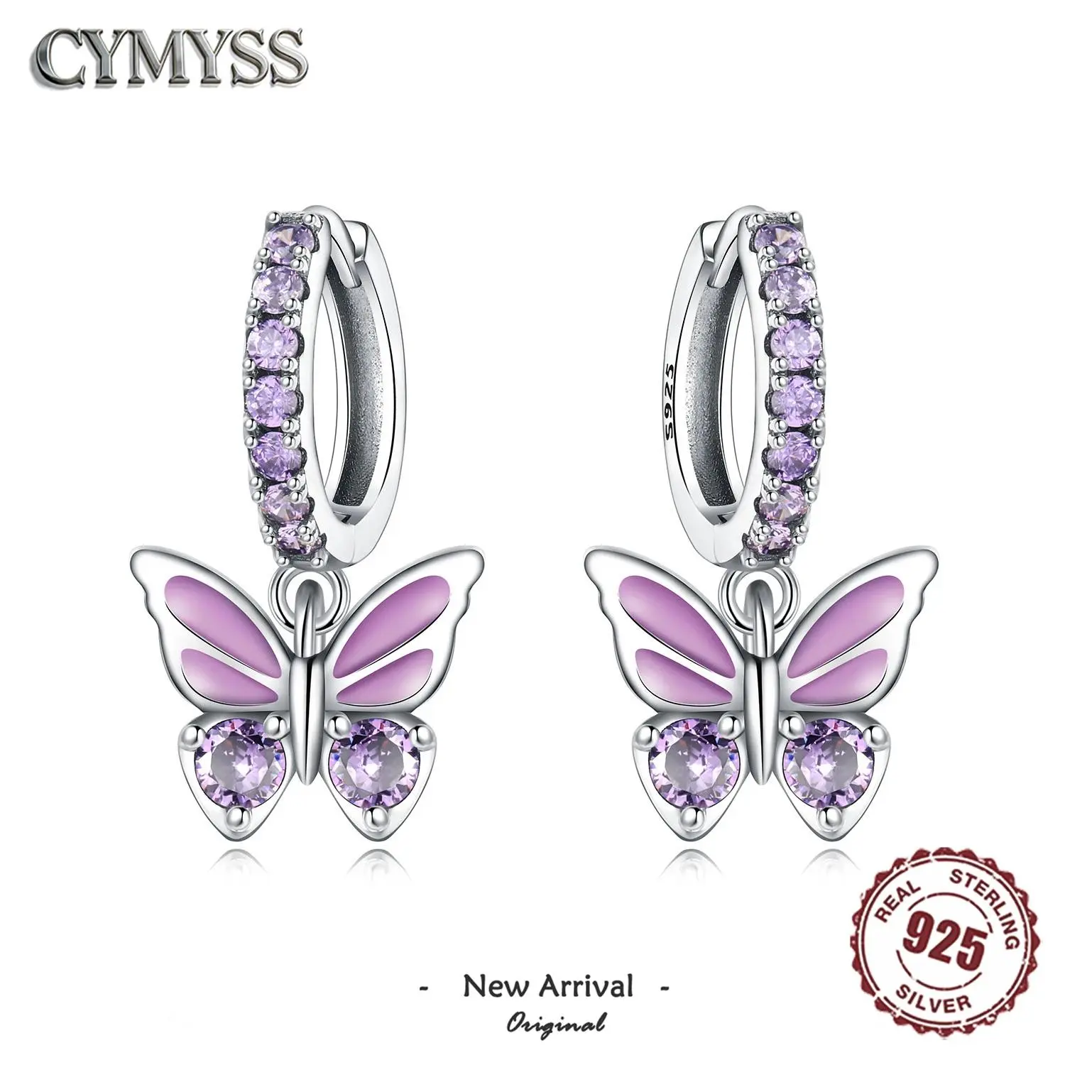 Butterfly Hoop Earrings in 925 Sterling Silver with Zircon Accents, Original Design Fashion Party Jewelry for Women, Butterfly Motif, 925 Real Silver Earrings, Cubic Zirconia, Women's Fashion, Zircons, 3D Butterfly Earrings