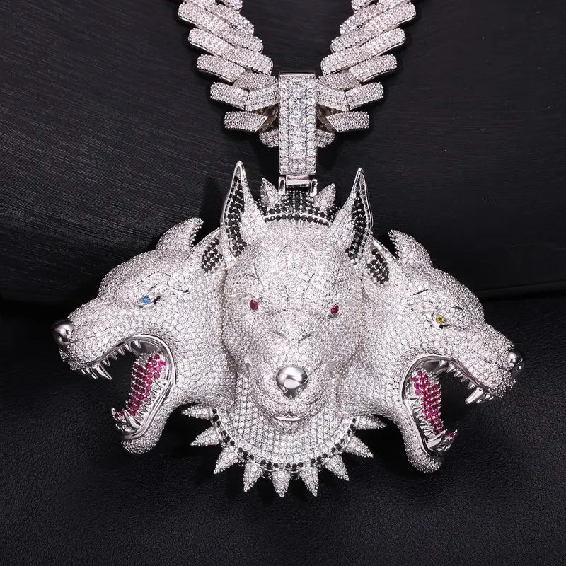 18K Gold Plated Iced Out 3-Headed Dog Pendant Necklace - Men's Luxury Costume Jewelry, Powerful Guardian Symbol of Loyalty, Strength, Courage, Alpha Boss Energy Y2K Gothic Bling, Bold Urban Rapper Festival Party Gift # romantic gifts for her