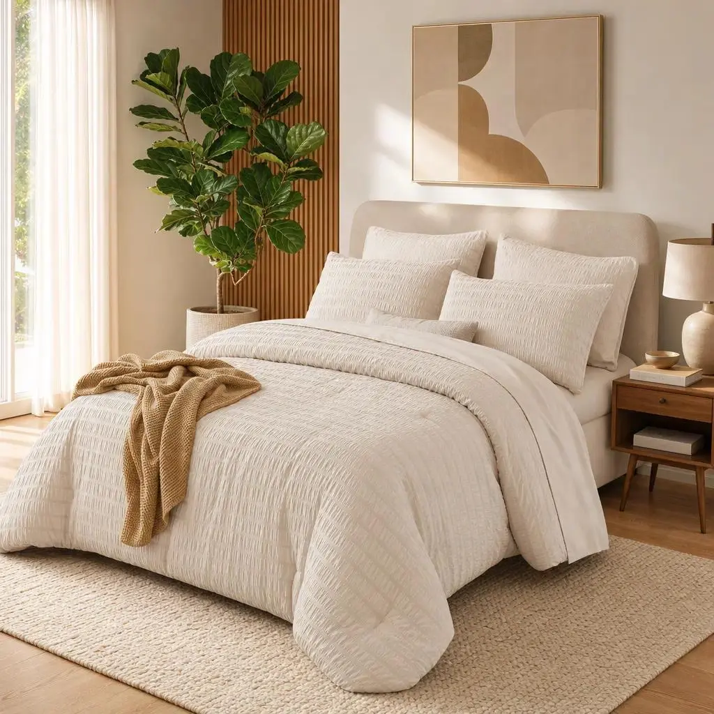 MUXHOMO Queen 7-Piece Wrinkle-Free Luxury Seersucker Bedding Set - Comforter, Flat Sheet, Fitted Sheet (14" Deep Pocket), Pillowcases, Shams, Beige Cloud Crinkled Texture, All-Seasons Cozy Bed Setup for Sleek Sleep, Girly Bedroom Decor