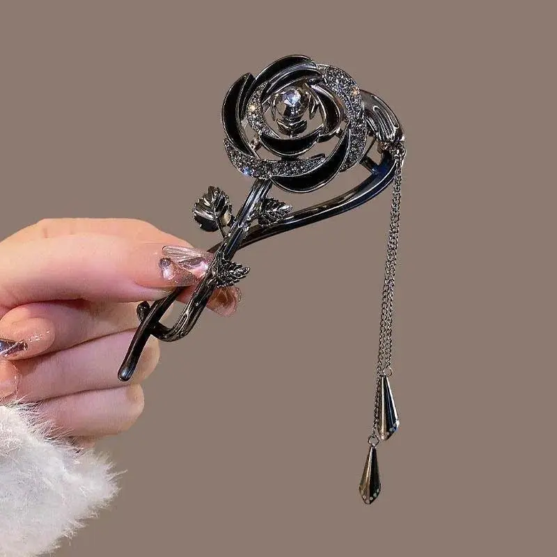 Fashion Rhinestone Flower Tassel Hair Clips Elegant Women's Rose Twist Clips Ponytail Clip One Word Clip Headwear Accessories