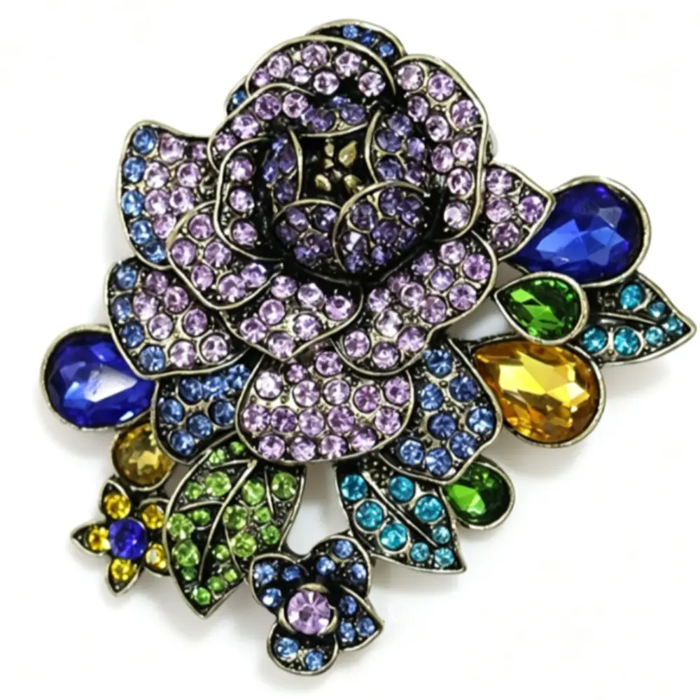 Gradient Purple Rose Brooch Antique Gold Mixed Color Marquise Round Rhinestone Leaf Unisex Floral Suit Pin