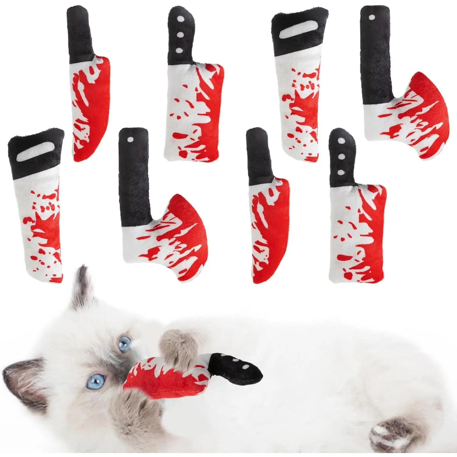 8pcs Catnip Toy, Indoor Knife Shaped Cat Toy Horror Plush Interactive Chew Bite Toys  Halloween Christmas Cat Kitten Indoor Festive Holiday Cat Lover Gift New model