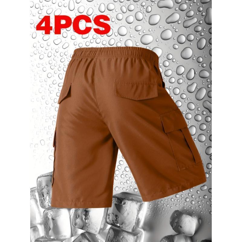 4pcs Men's Casual Cargo Shorts-Loose Fit, Drawstring Waist, Multi-Pocket Design, Polyester Fabric, Solid Colors Black, Beige, Light Blue, Dark Gray for Spring & Summer Breathable Athletic Jockstrap Pack Plus Size Sports Gym Wear Gray Joggers Gift (Sheets)