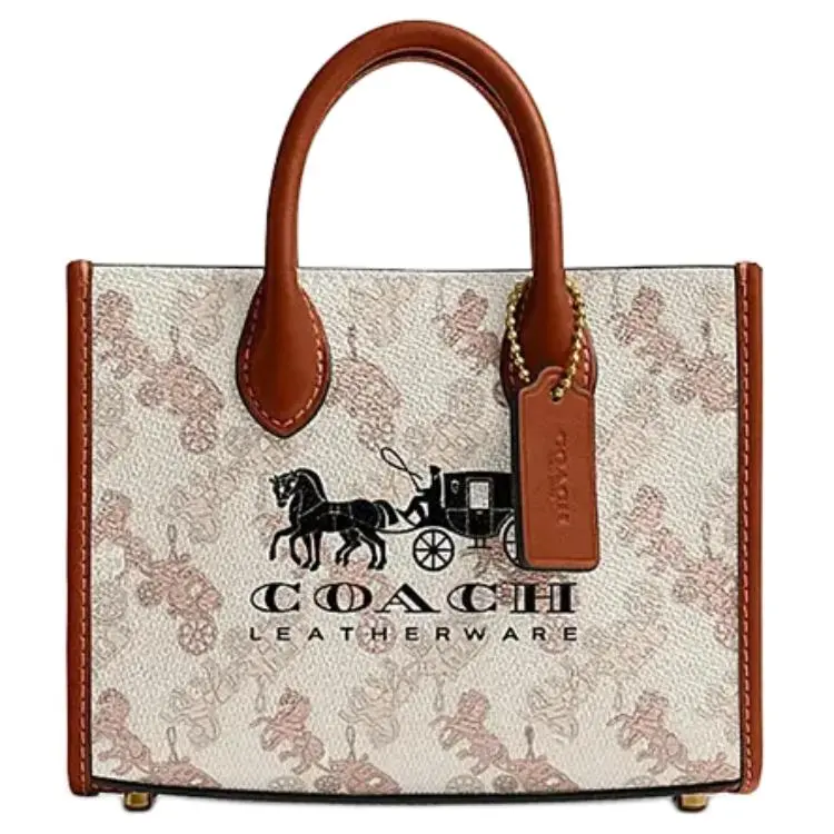 COACH Ace 17 Coachella Print Faux Leather and Genuine Leather Tote Bag for Women, Small, Chalk White