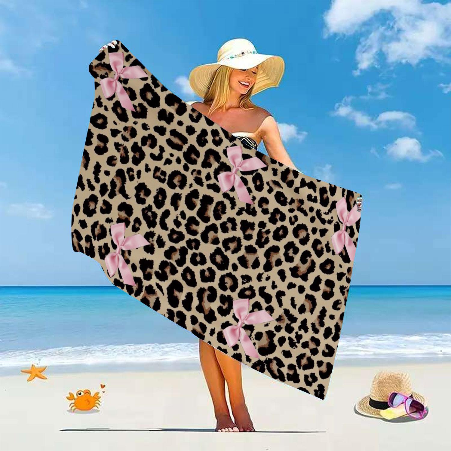 Leopard Print Bow Pattern Beach Towel, Soft Quick Drying Microfiber Towel, Strong Wrap Design for Beach and Pool Use, Soft Absorbent Towel