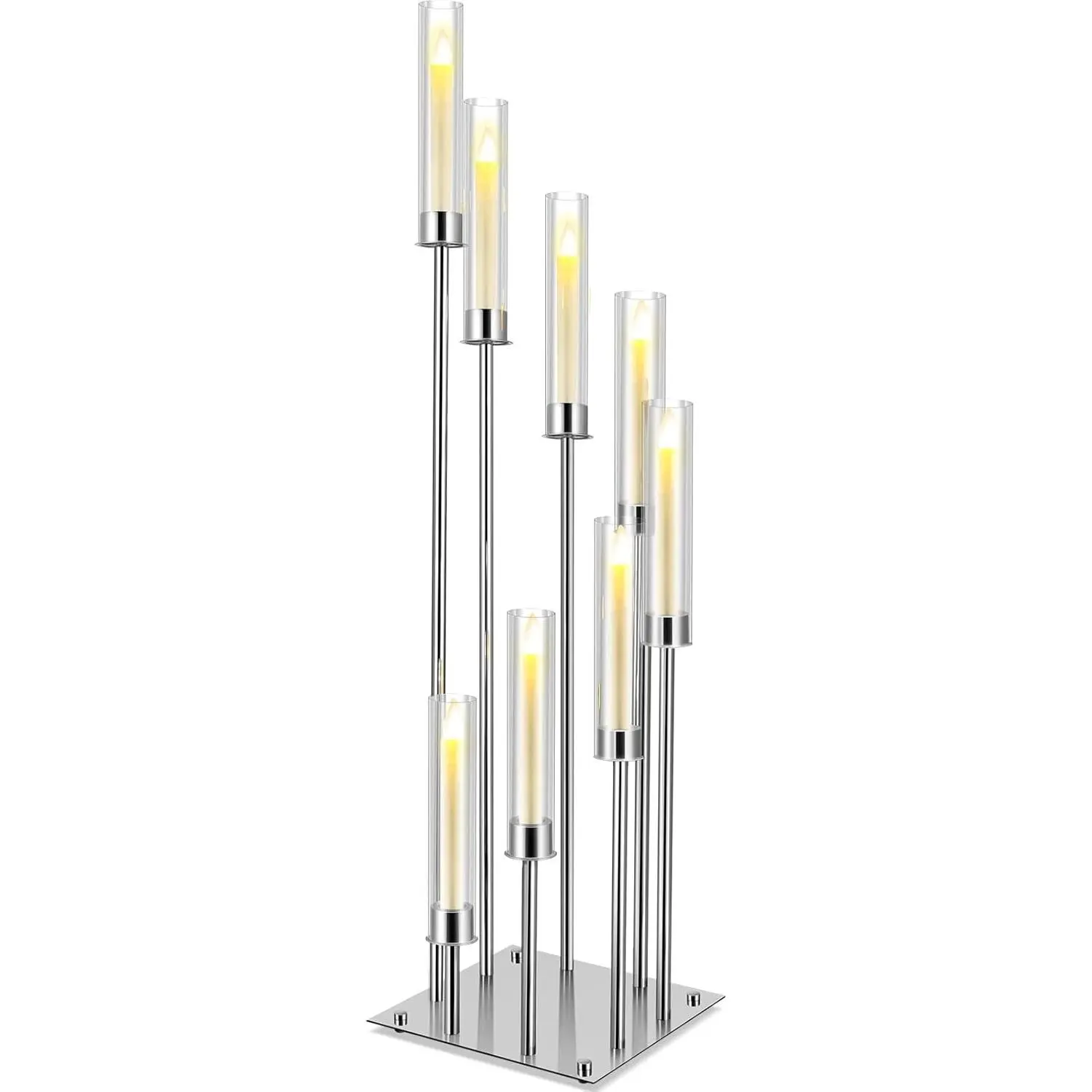 41.5" Tall Floor Candelabras, 8-arm Cluster Standing Candle Holders with Clear Acrylic Shades, Silver Wedding Centerpiece Candelabra for Flameless/LED Taper Candles, Party & Event Decor(1 Pack)