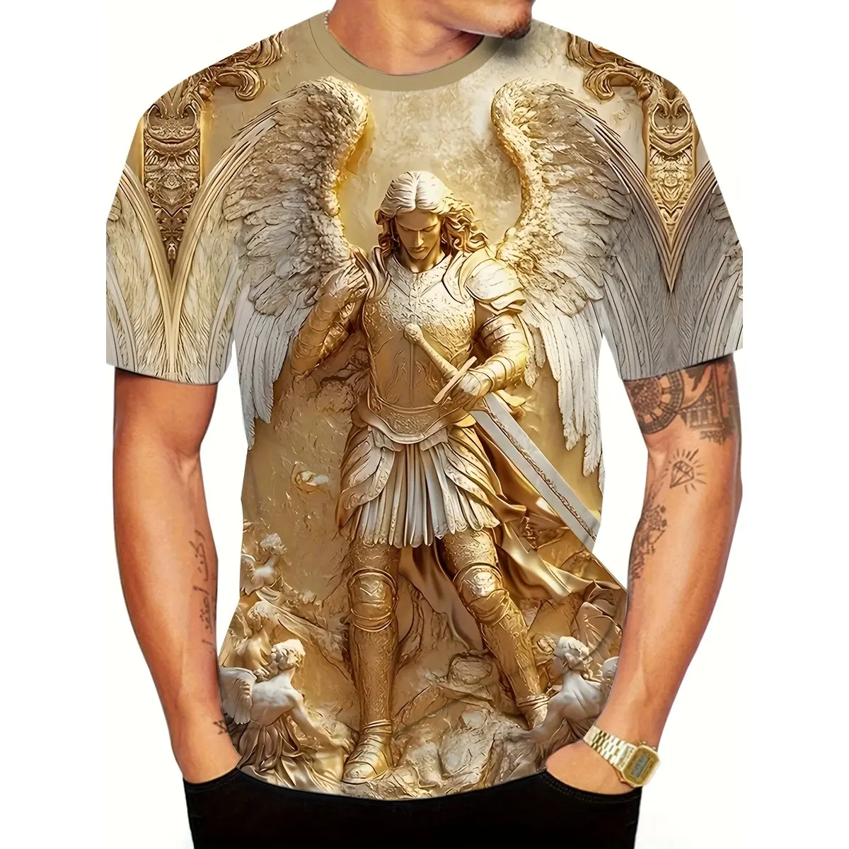 Men's Archangel Warrior Graphic T-Shirt, Gold Angel Wings Sword Print Tee, Christian Faith Religious Short Sleeve Shirt, Lightweight Crew Neck Summer Top for Men, Church Outfit, Spiritual Streetwear, Prayer Gift, Inspirational Casual Graphic T-Shirt