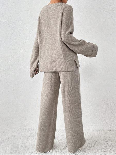 Women's Raglan Sleeve Split Sweater & Elastic Waist Pants Set, Basic Round Neck Top & Pants Sweater Set, Women's Autumn & Winter Clothing for Daily Wear.