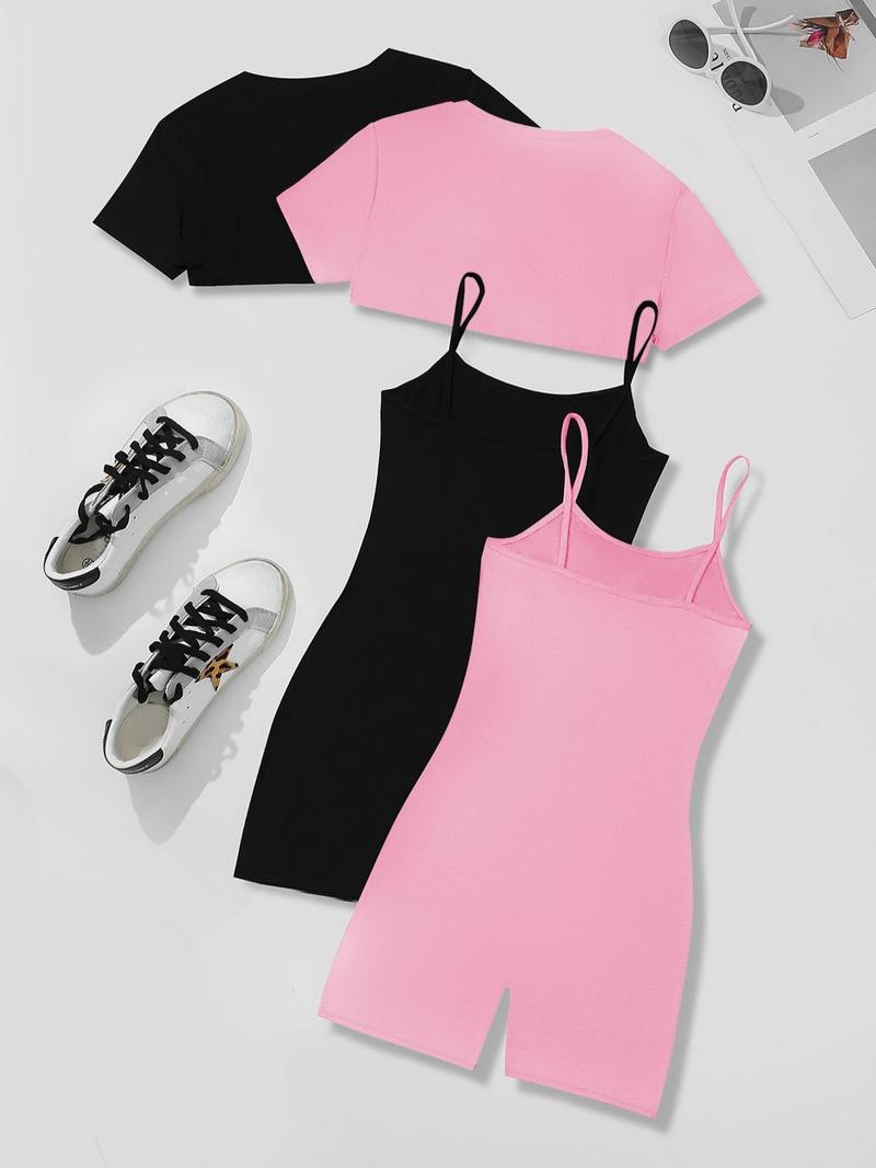 Four-Piece Set Women's Solid High Low Crop Tee & Cami Romper, Casual Short Sleeve Super Crop Top & Sleeveless Bodycon Romper, Summer Outfits 2025, Cute Summer Outfit