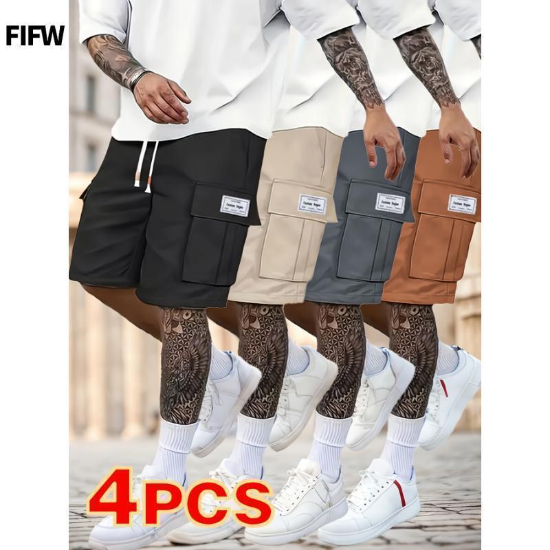 4pcs Men's Casual Cargo Shorts-Loose Fit, Drawstring Waist, Multi-Pocket Design, Polyester Fabric, Solid Colors Black, Beige, Light Blue, Dark Gray for Spring & Summer Breathable Athletic Jockstrap Pack Plus Size Sports Gym Wear Gray Joggers Gift (Sheets)