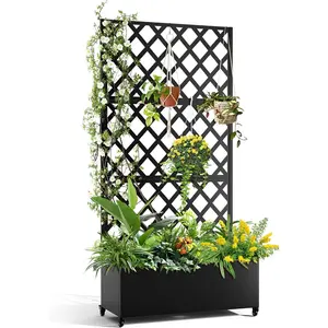 3-Panel Metal Planter Screen with Trellis, 72-Inch, Freestanding, with Wheels, Climbing Plant Privacy for Balcony or Patio, Diagonal Grid or Slatted, Black