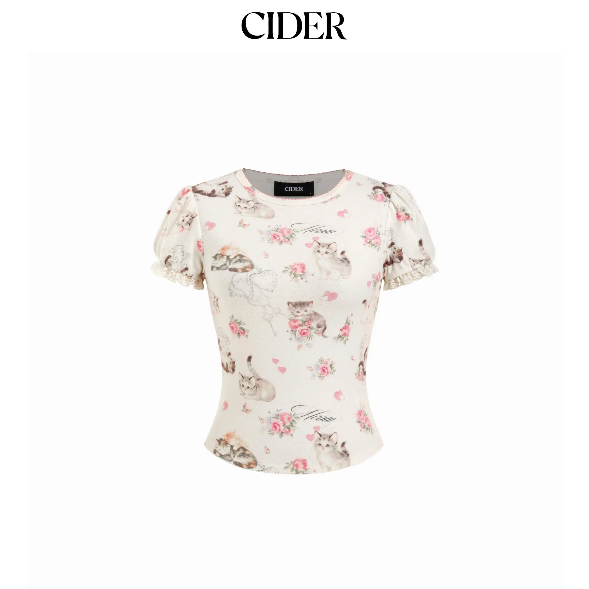 Cider Cat & Floral Graphic Jacquard Puff Sleeve Tee SummerWins SummerFinds