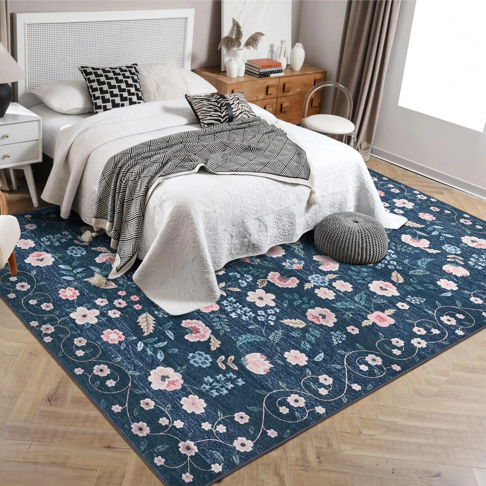 Garvee 8'x10' Washable Floral Area Rug - Non-Slip, Low Pile Carpet for Living Room, Office, Bedroom, and Bedside in Black