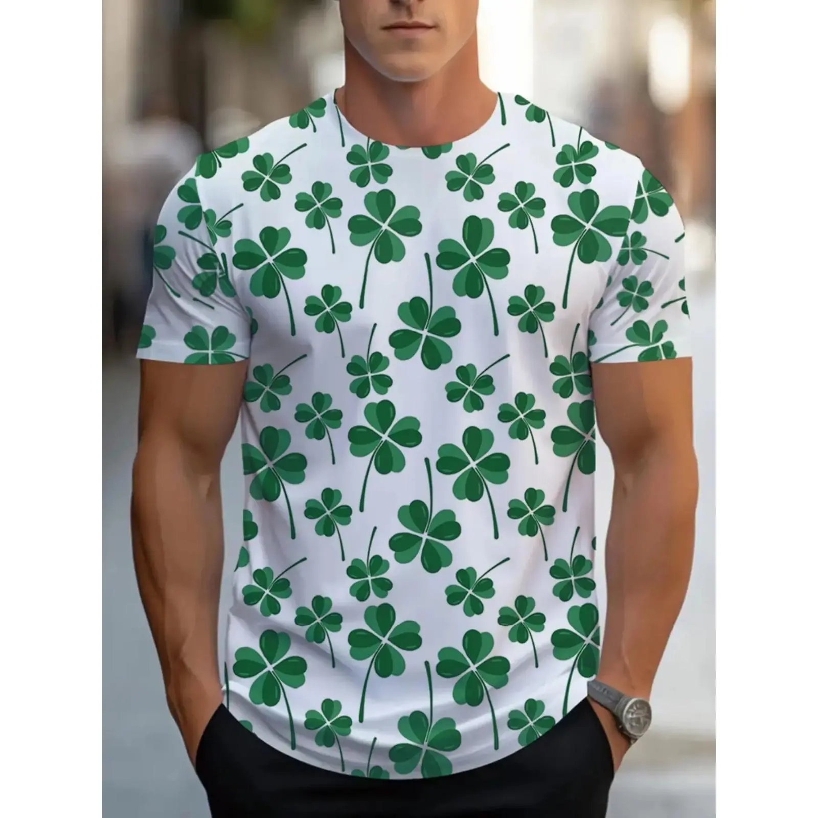 Men's Creative Lucky Clover Geometric Print Long T-Shirt, St Patrick's Day Festive Celebration, Casual Fit, Comfortable Wear, Ideal Gift for Special Occasions