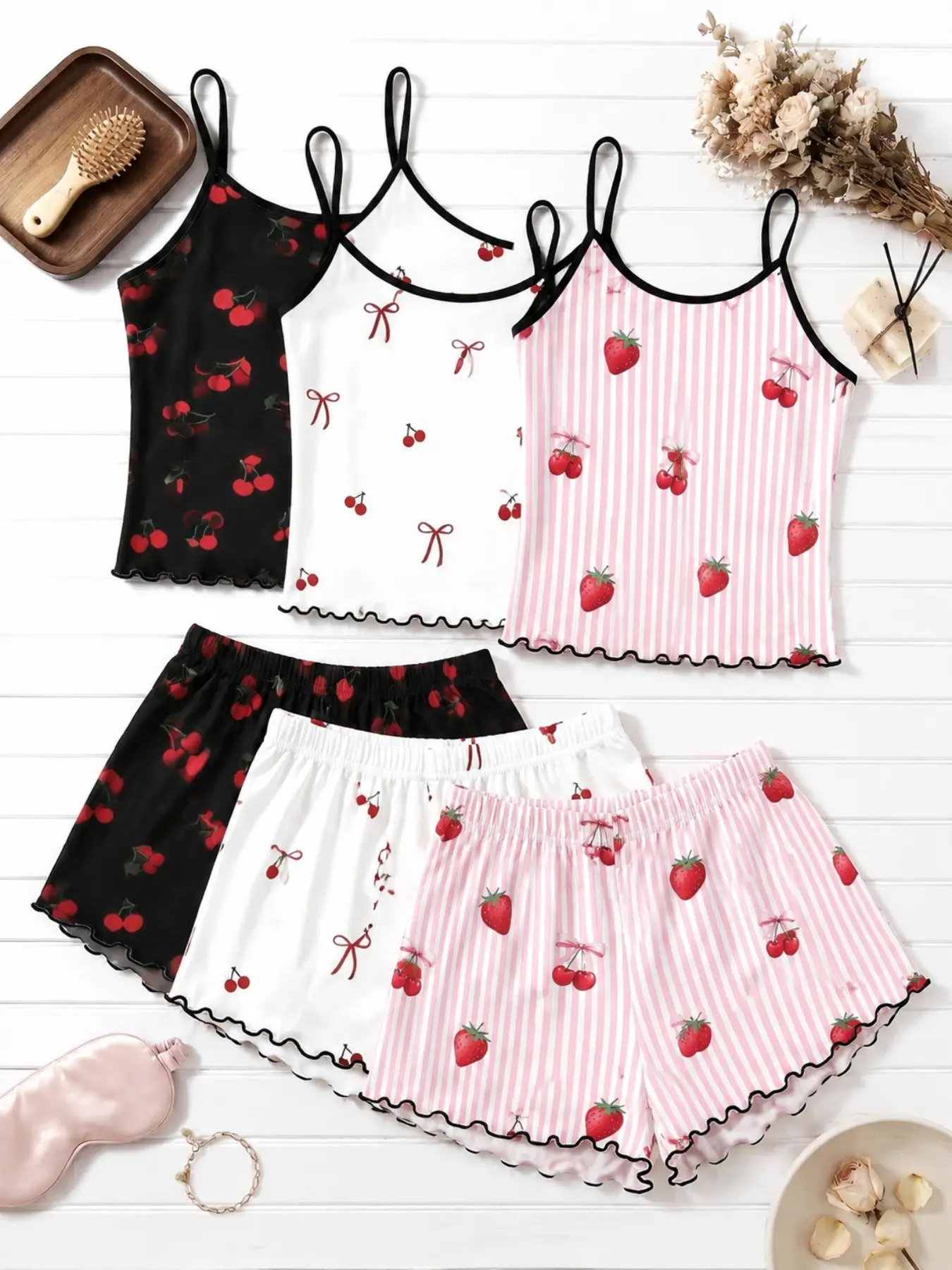 6 Piece Set | 1 Order Get 6 Pcs Women's Pajamas Set Trendy Cherry Strawberry Bows Striped Print 2026 Summer Collection Black Trim Lettuce Edge Cami Shorts Milk Silk Lightweight Soft Comfy Loose Fit Casual Sleepwear Loungewear Daily Wear for Women