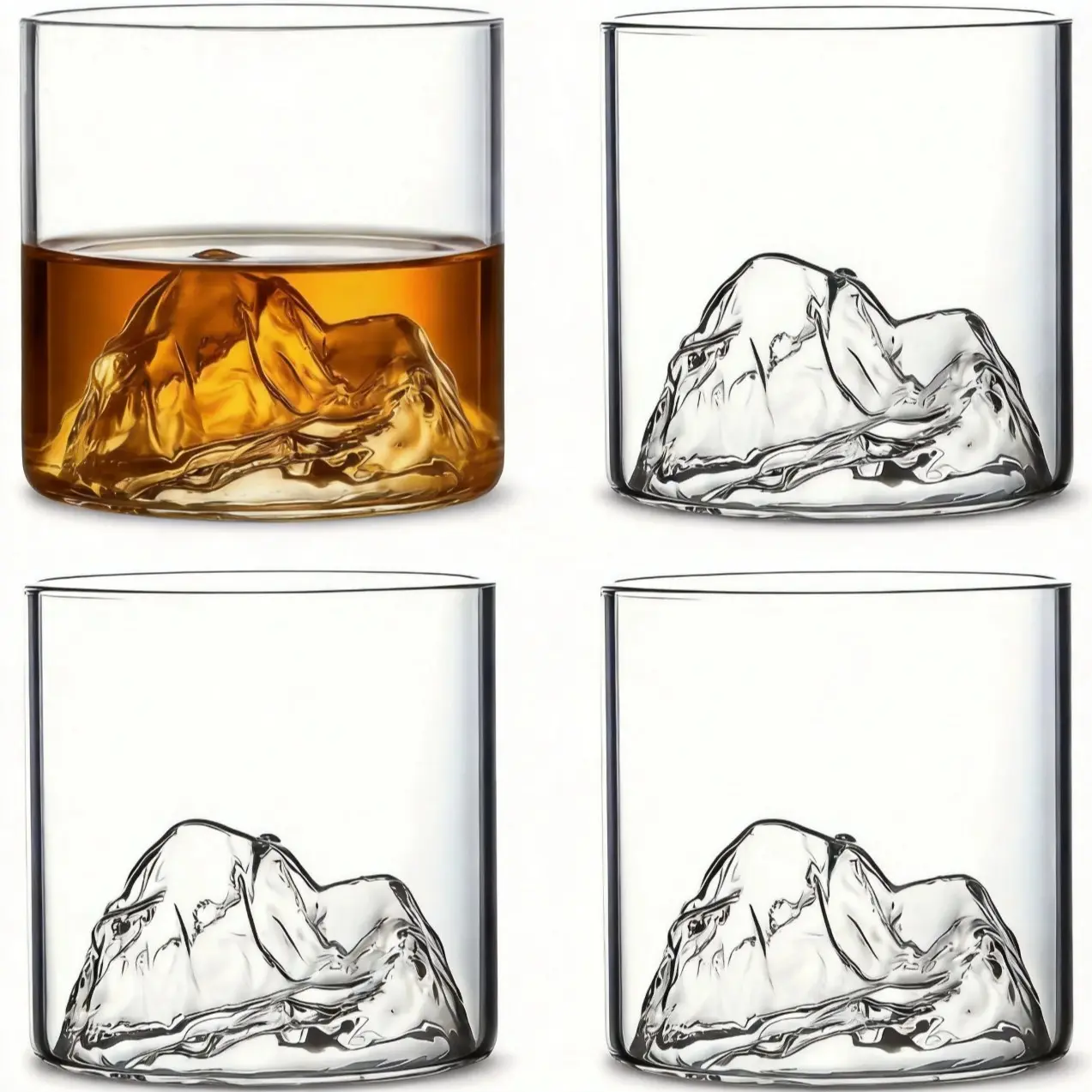 4 Piece Set 3D Mountain View Whiskey Glasses, High Borosilicate Glass, Thick Base, Heat Resistant, Classic Design, Unique Barware Gift Set
