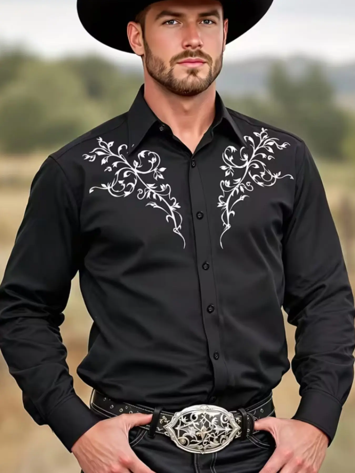 Vintage Floral Western Ethnic Style Men's Long Sleeve Shirt, Retro Slim-Fitting Top, All Seasons Wear, Full Placket Design