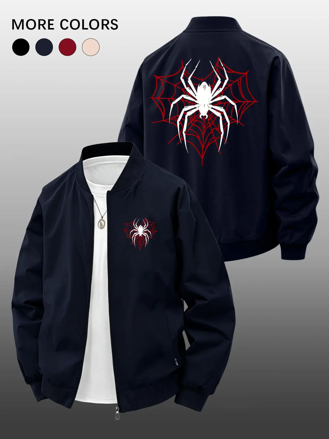 Men's Spring Summer Casual Letter Print Jacket, Stylish Spider Print, Zip Pocket Design, Loose-Fit, Unlined, Perfect for Daily Wear