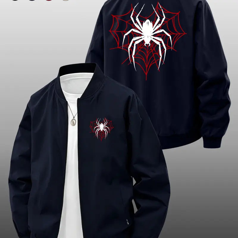 Men's Spring Summer, Trendy Outerwear, Stylish Spider Print, Zip Pocket Design, Loose-Fit, Unlined, Perfect for Daily Wear