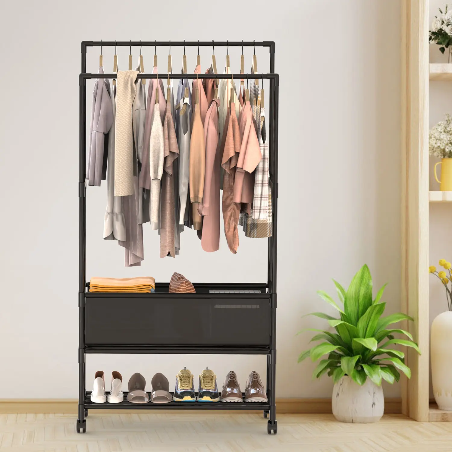 Double-Rod Garment Rack with Storage Bag and Wheels, Portable Clothing Rack with Shoe Shelf, Adjustable Closet Organizer for Bedroom, Laundry Room and Entryway