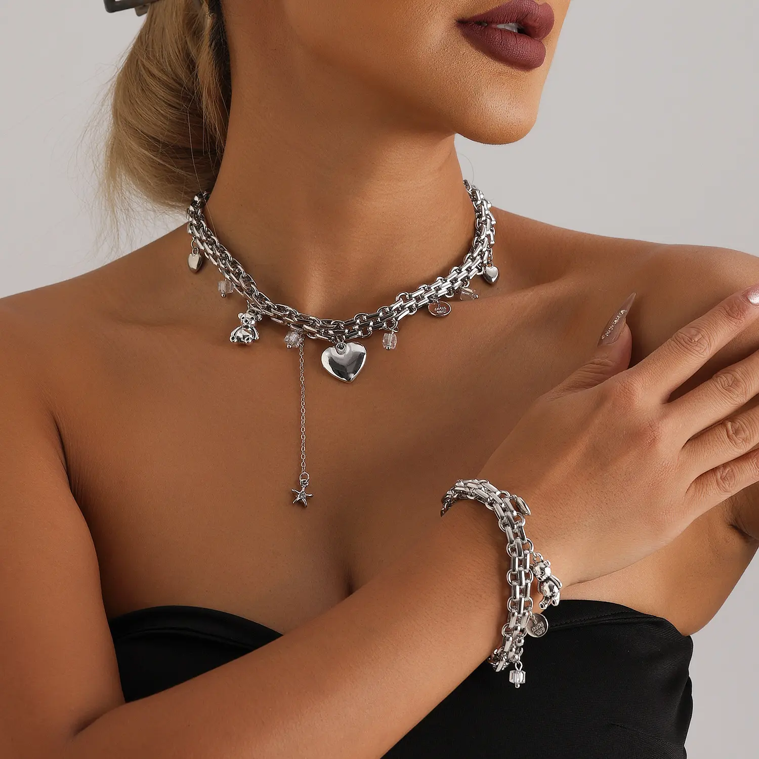 Y2K Chunky Double Link Chain Jewelry Set Cute Bear Heart Star Crystal Dangle Choker Necklace Matching Bracelet Silver Punk Stackable Jewelry for Women