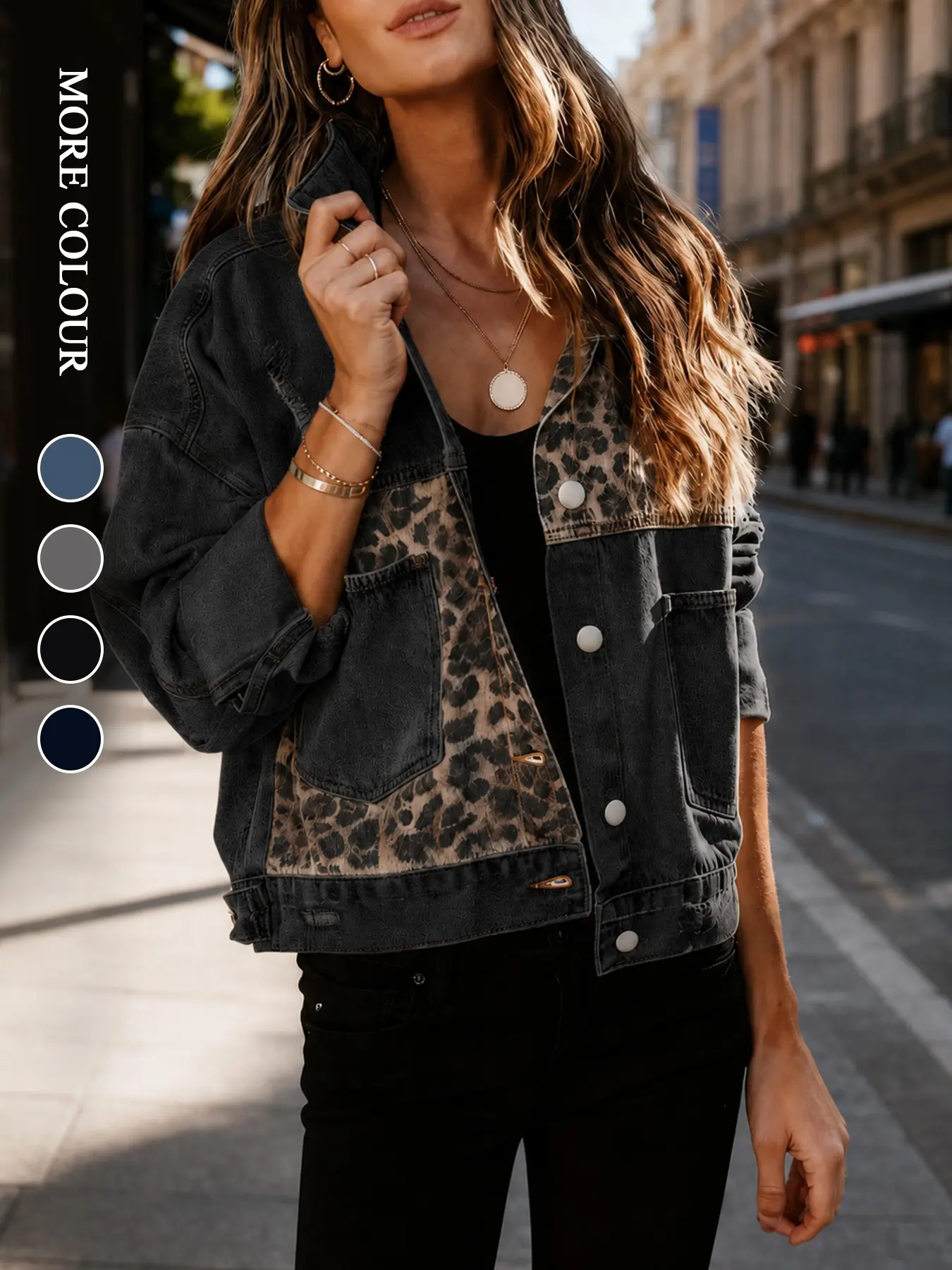 Women's Leopard Print Patchwork Denim Style Jacket, Loose Lapel Distressed Cropped Coat, European American Style Casual Long Sleeve Outerwear