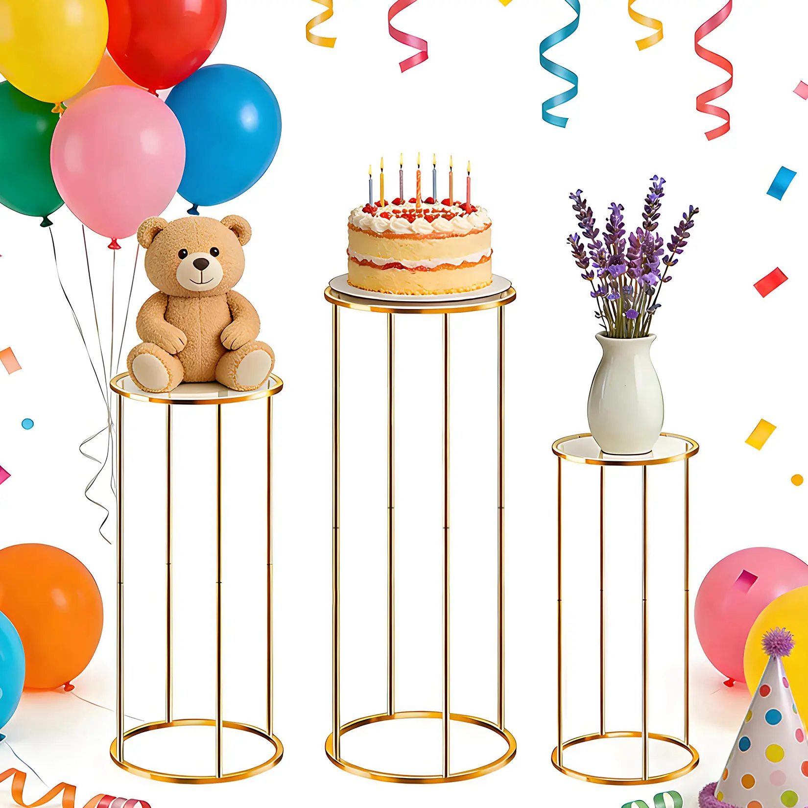 3PCS Gold Metal Cylinder Stands - Round Pedestal Display Columns, Party Decoration Supplies, Festive & Modern Elegant Decoration for Wedding, Birthday Events, Festive Decoration