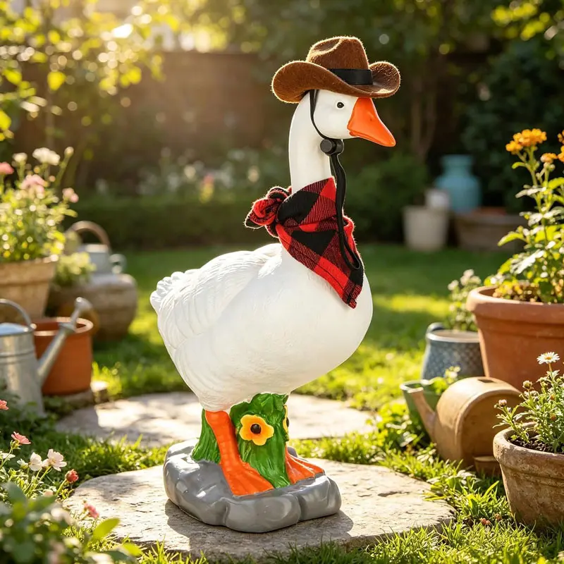 One hollow resin garden goose, Porch goose statue, equipped with a detachable cowboy hat and scarf, with a design for filling with sand, suitable for stable outdoor placement, home decor for gardens, courtyards or entrances
