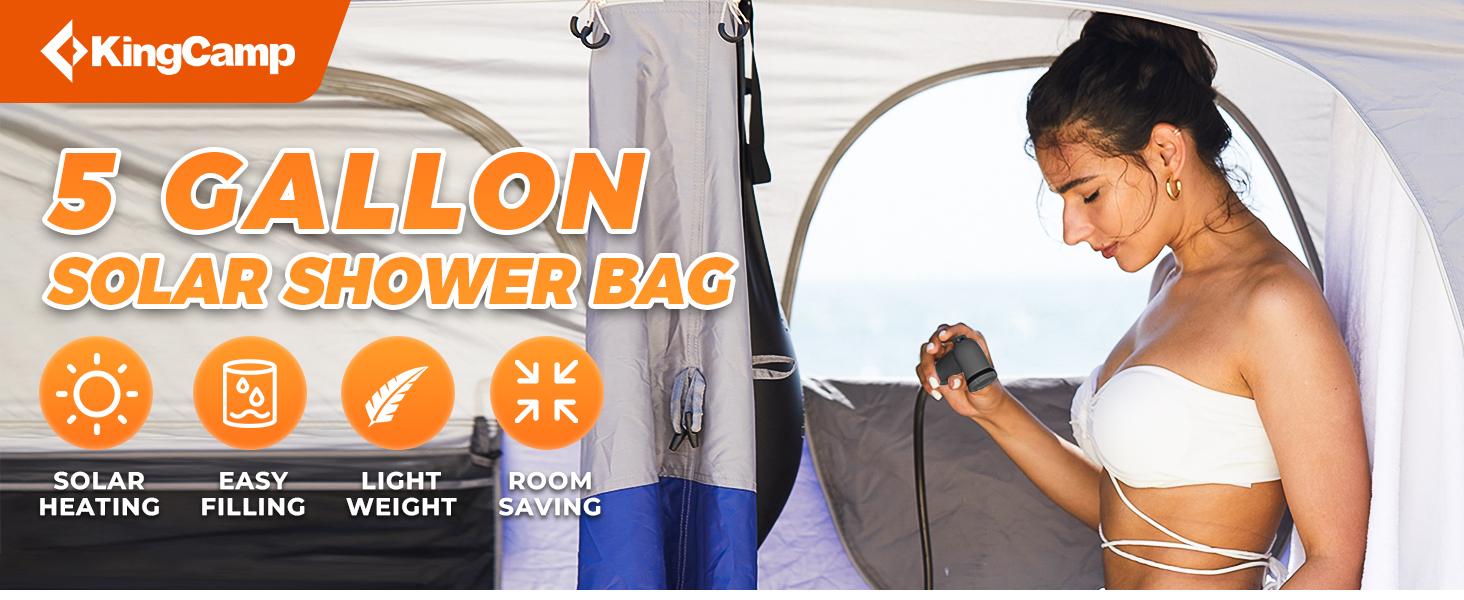 KingCamp Solar Shower Bag, Leak-Proof Design Camping Shower Bag with Thermometer, Removable Hose & Switchable Shower Head, 5 gallon/20L