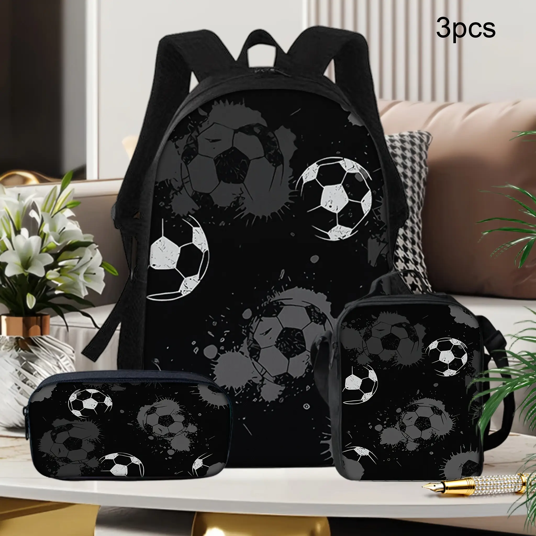 Three-piece black and white soccer graffiti-style backpack set (includes lunch bag + pencil case) - Adjustable shoulder straps, zipper design + sporty graffiti style, suitable for teenagers, multi-functional, can be used for school/sports/daily outings.