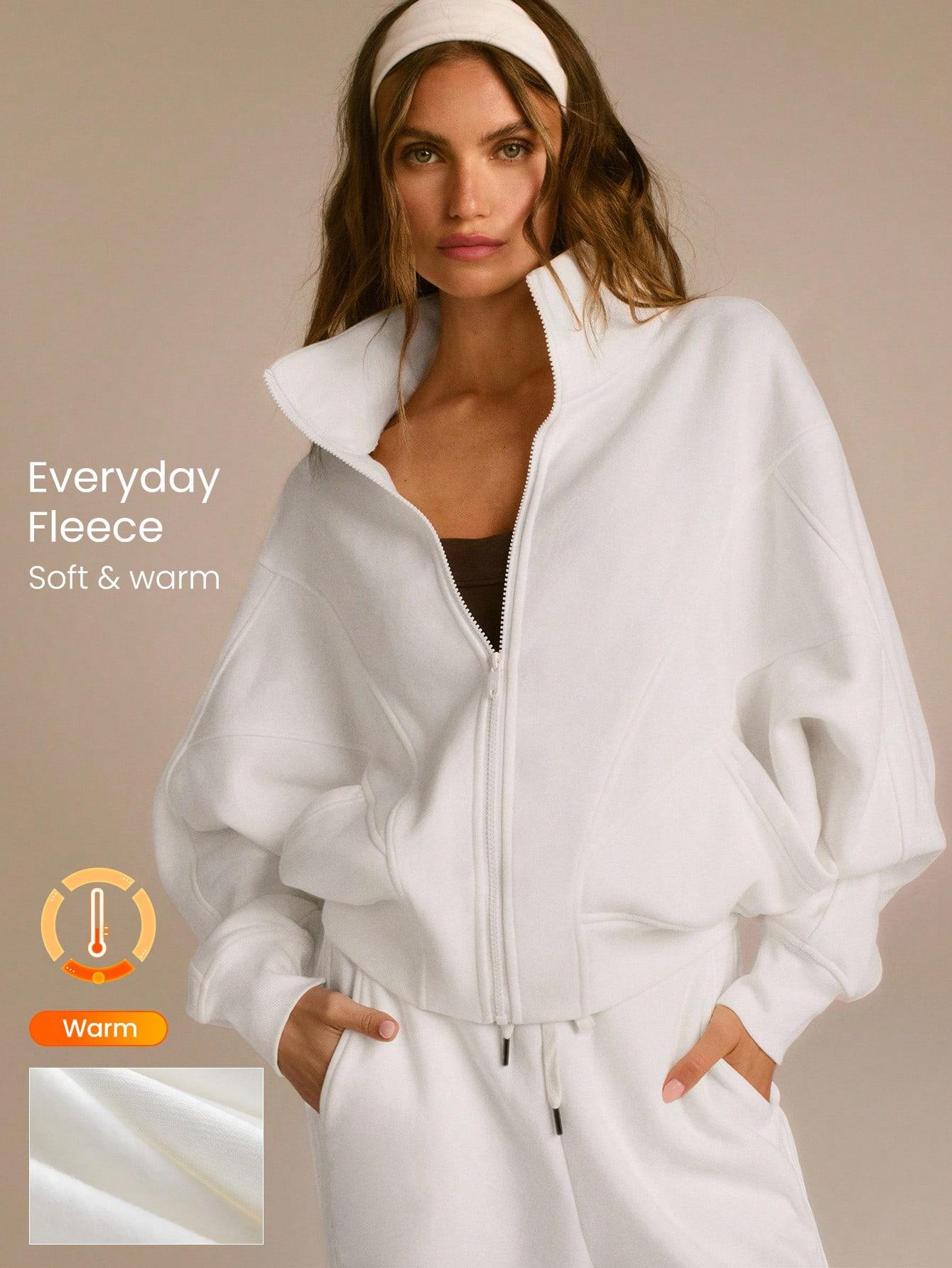 GLOWMODE Everyday Fleece WarmthSoft Warm Lightweight Front Back Seam Detailing Pockets Batwing Sleeve High Neckline Full-Zip Jacket