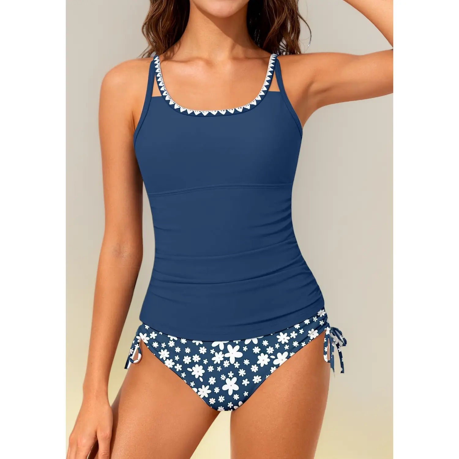 Girls' 2-Piece Sleeveless Tankini Bathing Suits - Square Neck, Cross Back, Tropical Print Drawstring Bottoms, Multi-Size for 9-16Y Swimming, Including 11-12 Years, with Blue, Dark Blue 2 Options
