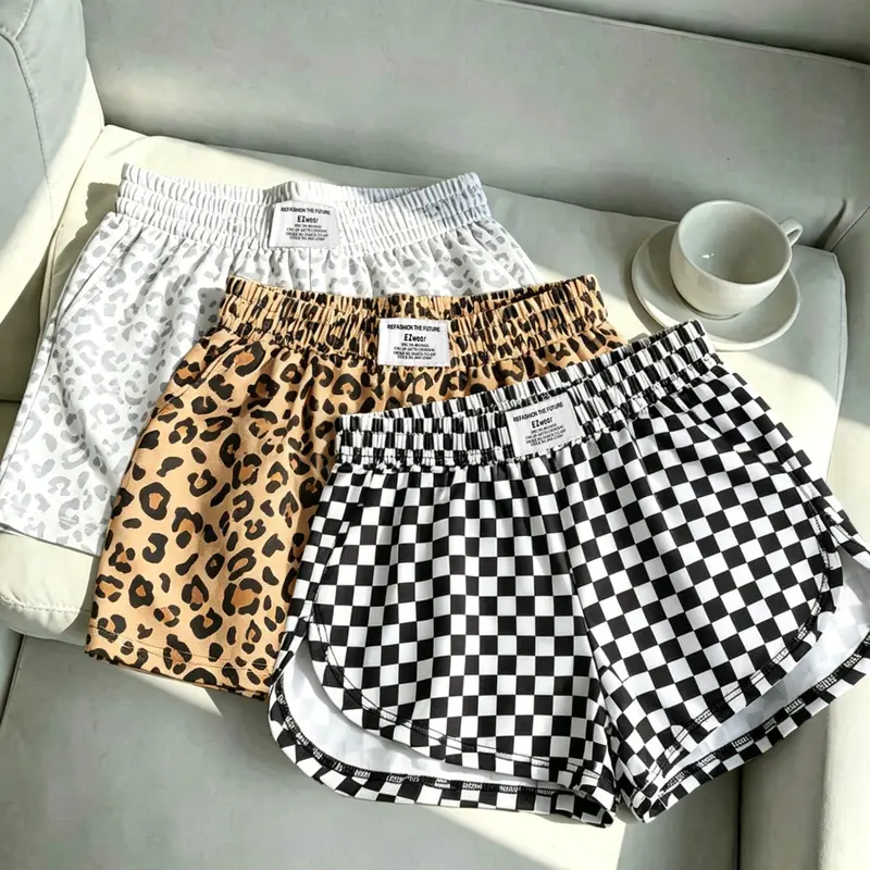Women's Casual Loose Fit Lightweight Shorts, Elastic Waist with Leopard Print & Camouflage, Summer Casual, 3-Piece Set, Casual Shorts Loungewear