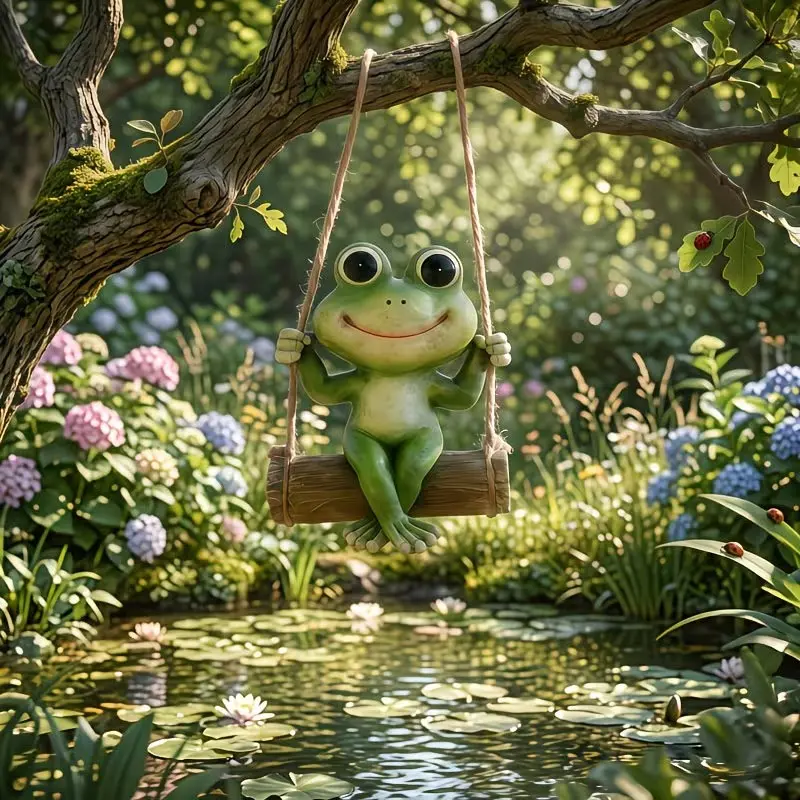 Cute Hanging Frog Garden Statue, Swinging on a Swing - Resin Animal Ornament, Outdoor Decor, Whimsical Garden Art Sculpture, Suitable for Courtyards, Yards, Porches And Indoor Home Decoration. Resin Frog Swing Ornament