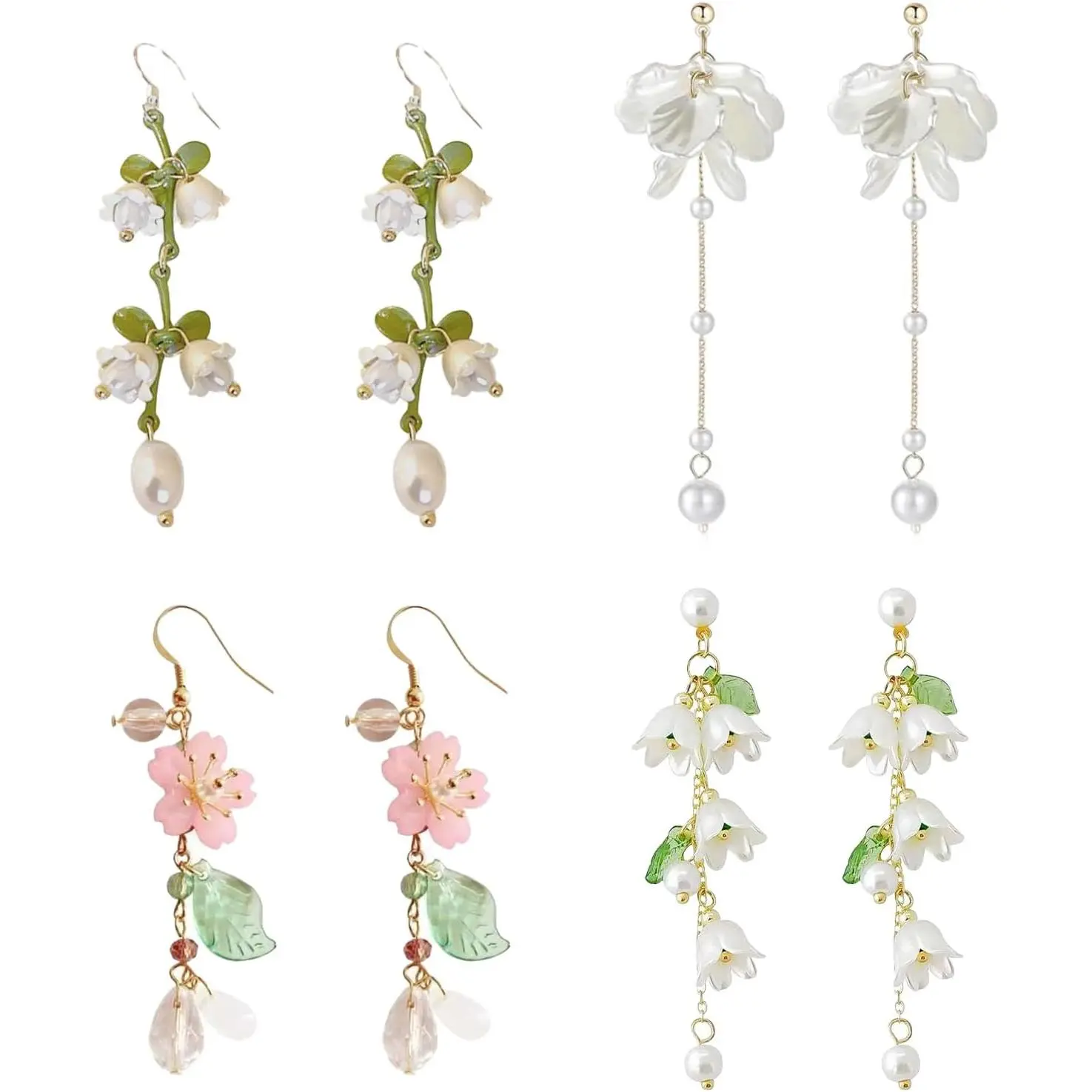 4 Pairs Long Flower Dangle Earrings for Women Leaf Floral Tassel Drop Pearl Earrings Lightweight Hypoallergenic Long Chain for Wedding Prom Jewelry Gifts
