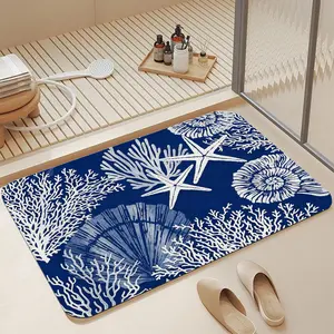 Minimalist Navy White Coral Starfish Seashell Soft Diatomite Bath Mat 16*24 Inch |   Instant Water Absorbing Non Skid Anti-Mold Shower Rug Stylish Nautical Coastal Marine Bathroom Decor Mat for Ocean & Beach Lovers